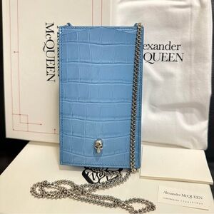 NWT Alexander McQueen Skull Croc Leather Phone Bag Crossbody Powder Blue